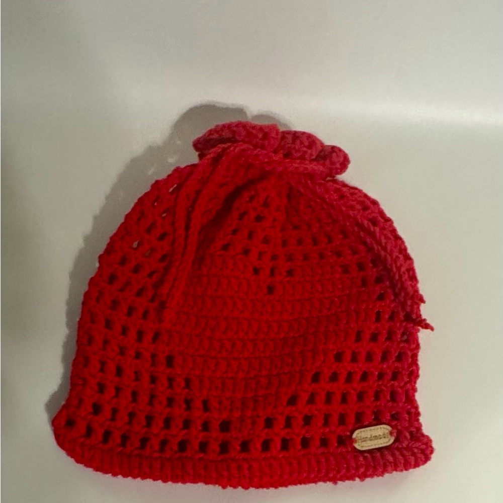 CROCHET, Large Red Heart Handmade Drawstring Pouch New